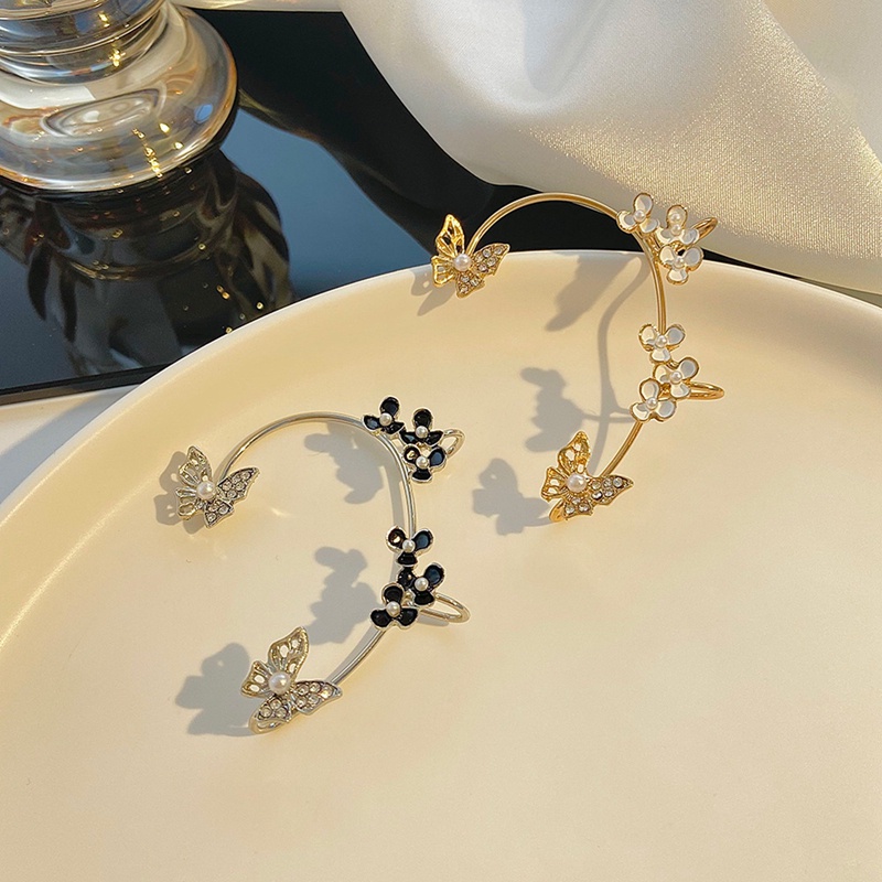 1pc Anting Klip Telinga Kiri Tanpa Tindik Desain Kupu-Kupu Putih Bunga Mutiara Berlian Imitasi Untuk Wanita