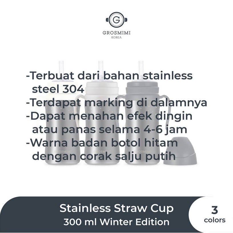 Grosmimi Stainless Straw CUP 300ml - Winter Edition Botol Minum Sedotan Dengan Handle Anak Bayi Baby Kids