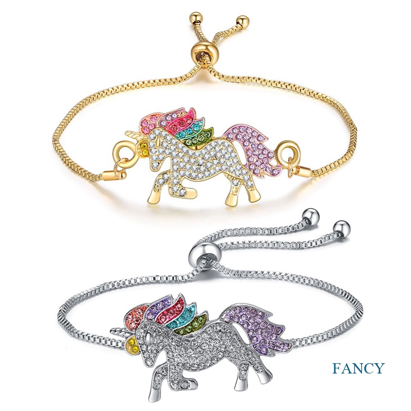 Gelang Tangan Rantai Adjustable Motif Kuda Poni / Unicorn Aksen Berlian Untuk Perhiasan Wanita