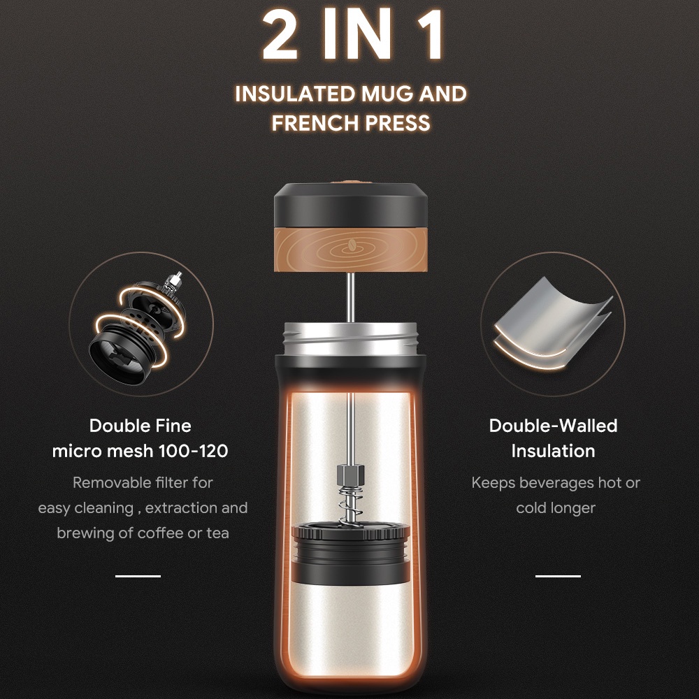 iCafilas Travel Mug Portable French Press Coffee Maker 320ml - FK11 - Black