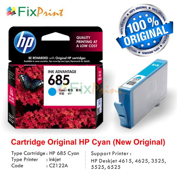 Cartridge Original HP 685 Cyan CZ122AA  Tinta Printer HP Deskjet 4615 4625 3525 5525 6525 Murah