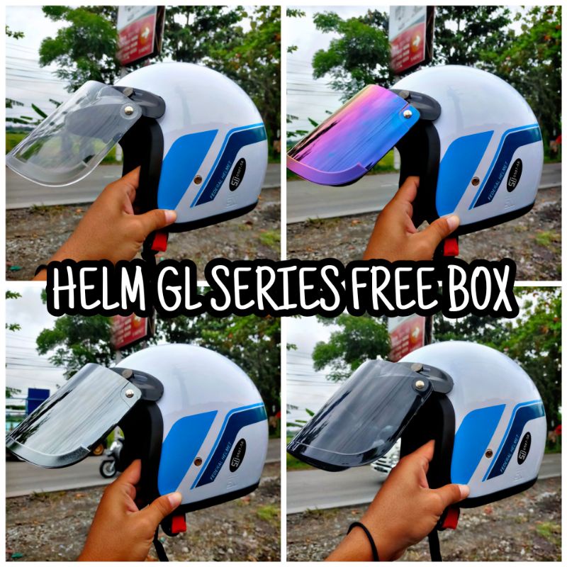 Helm gl series lis biru full leher kaca datar (striping air brush)