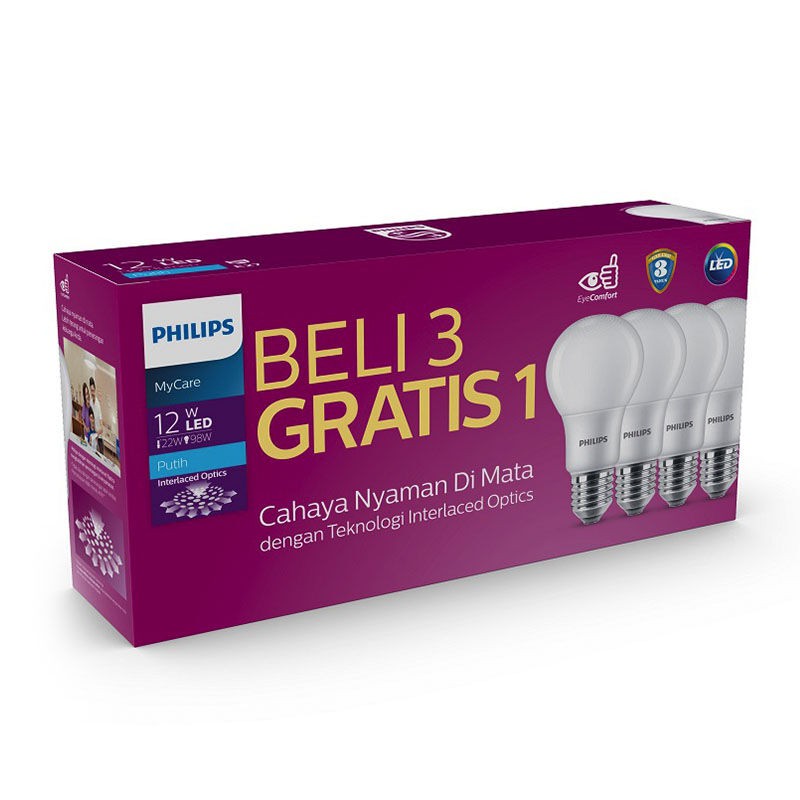 BOLA LAMPU PHILIPS LED MYCARE PHILIPS LEDBULB 12WATT PAKET BELI 3 GRATIS 1 / PHILIPS MY CARE LED