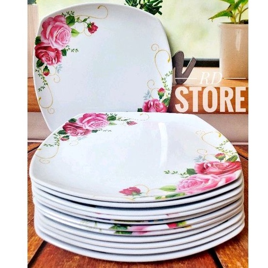 PROMO 12.PCS PIRING PERSEGI CEPER PRASMANAN MELAMINE MOTIF ROSE