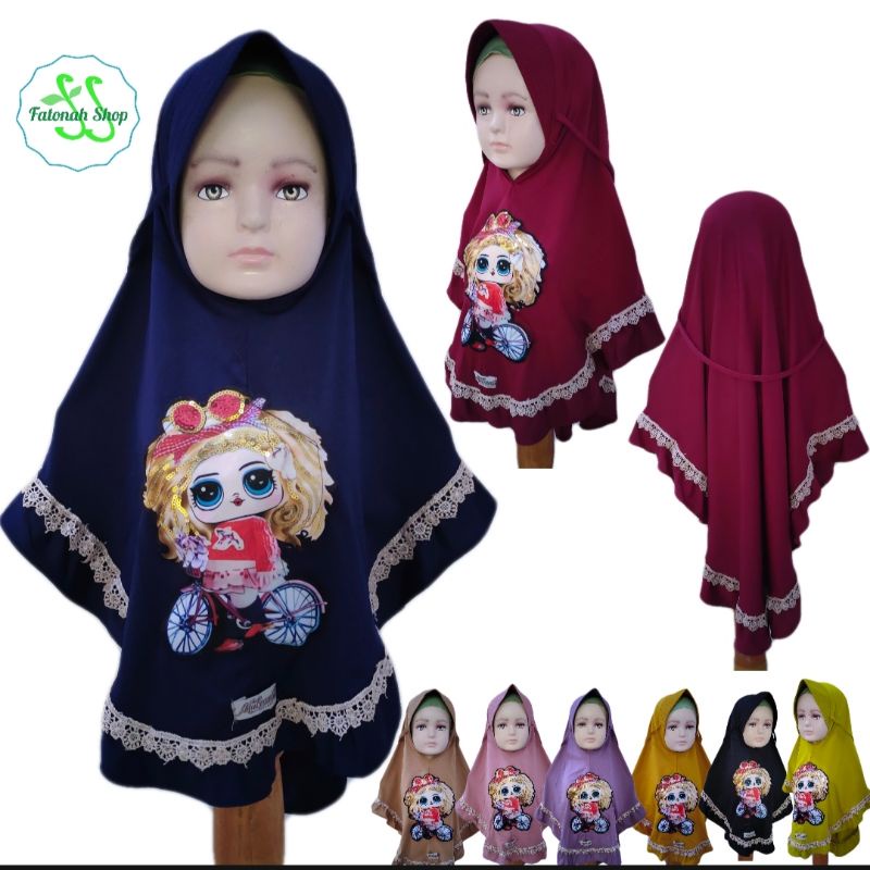 Jilbab anak 4 5 6 7 8 tahun lol lampu rempel renda lucu ( jilbab Lola )