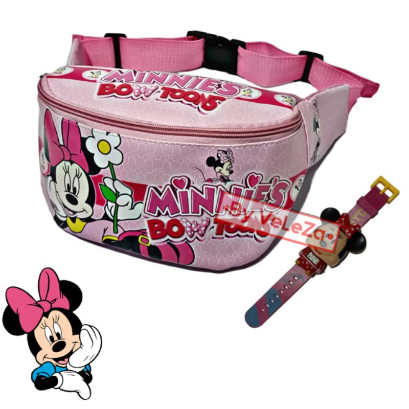 Waistbag anak karakter Minnie Mickey mouse hello Kitty 2in1 - tas + jam tangan - tas anak