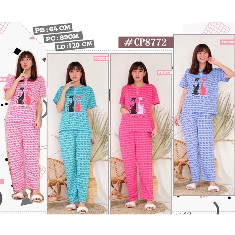 Lilipop.id  Baju Tidur Wanita CP Jumbo Twin cat Setelan Piyama BabyDoll XXXL Kaos Celana Panjang