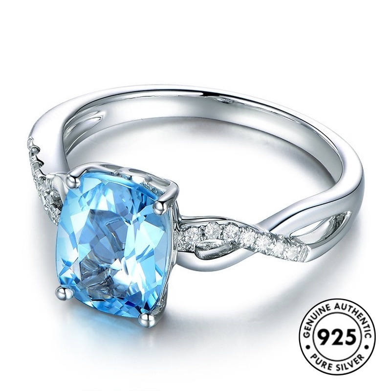 Cincin Sterling Silver 925 Hias Batu Aquamarine Elegan Untuk Wanita