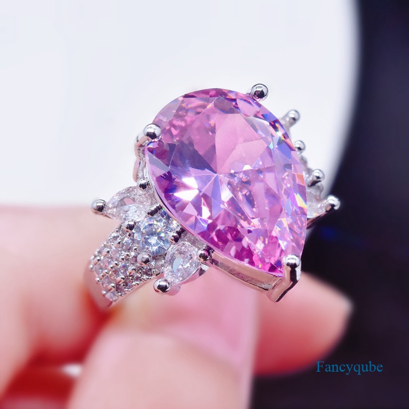 Cincin Bentuk Pir Hias Cubic Zirconia Warna Pink Model Minimalis Dapat Disesuaikan