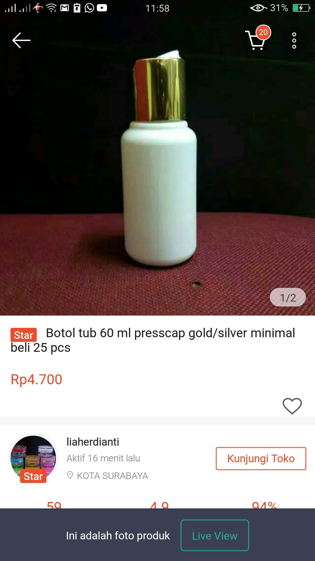 Botol Tub 60 Ml Presscap Gold/silver Minimal Beli 25 Pcs