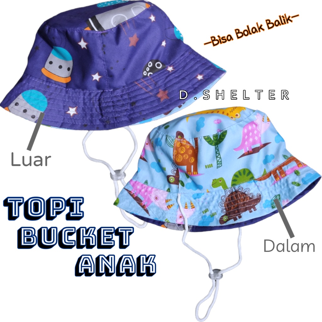 BUCKET ANAK KARAKTER BISA BOLAK BALIK PAKAI TALI / 1 TOPI BISA 2 GAMBAR KARAKTER / TOPI ANAK