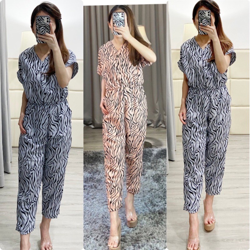 jumpsuit panjang wanita motif zebra ( K8551 )