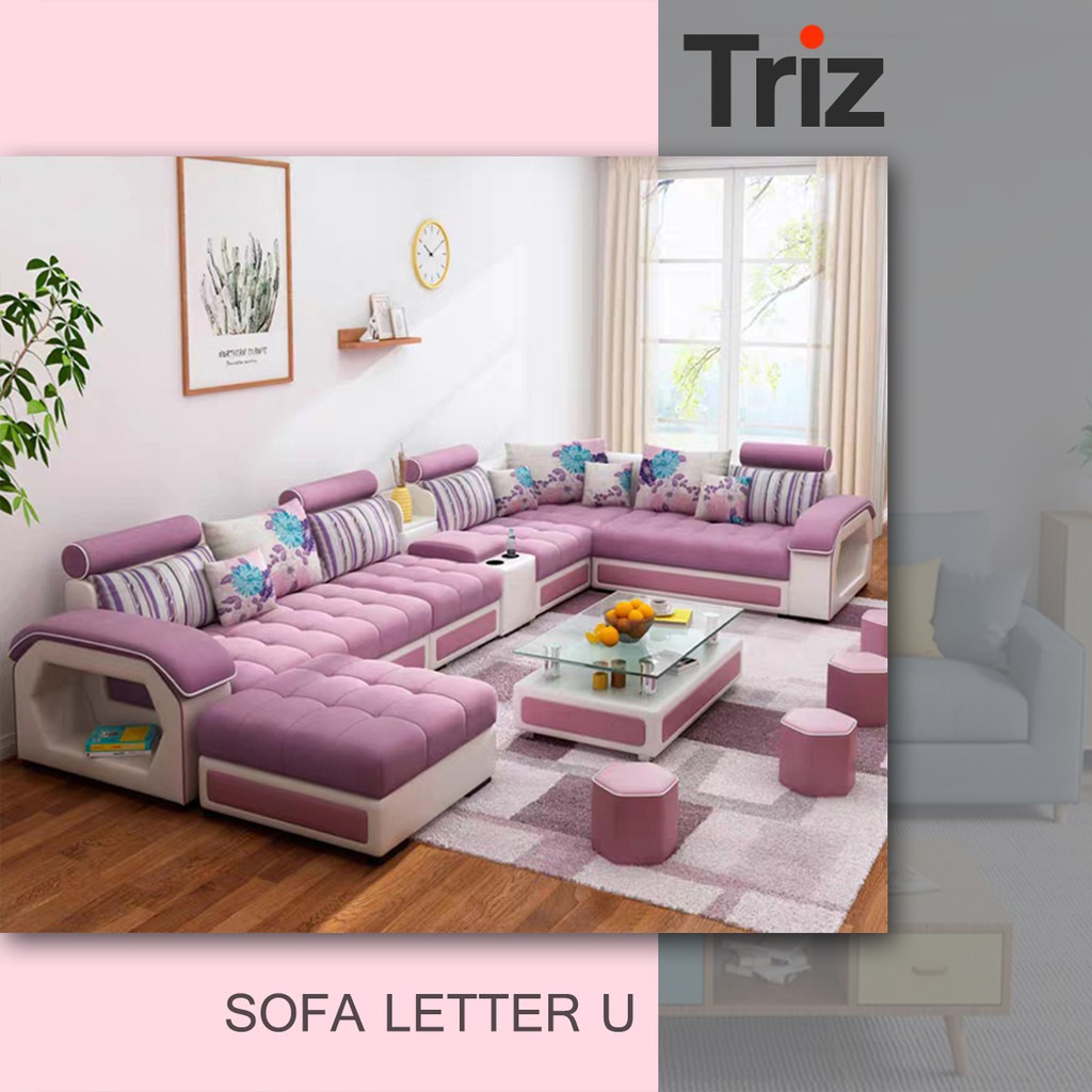 sofa letter u 7 seater furniture minimalis warna pink putih bonus meja minimalis [Triz Furniture]