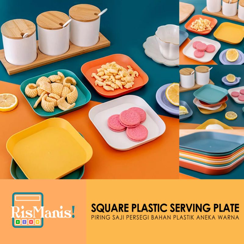 SQUARE PLASTIC SERVING PLATE - Piring Saji Dapur Tatakan Buah Sayur Wadah Mini Persegi Bahan Masakan