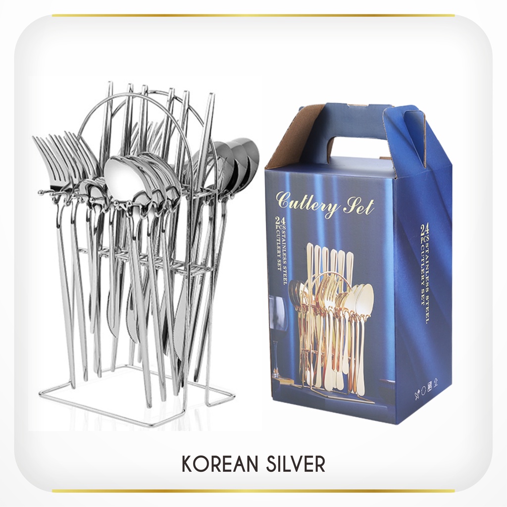 24 Pcs Souvenir Sendok Garpu Makan Korea Travel Cutlery Set﻿ Korea Stainless Dengan Gantungan Rack