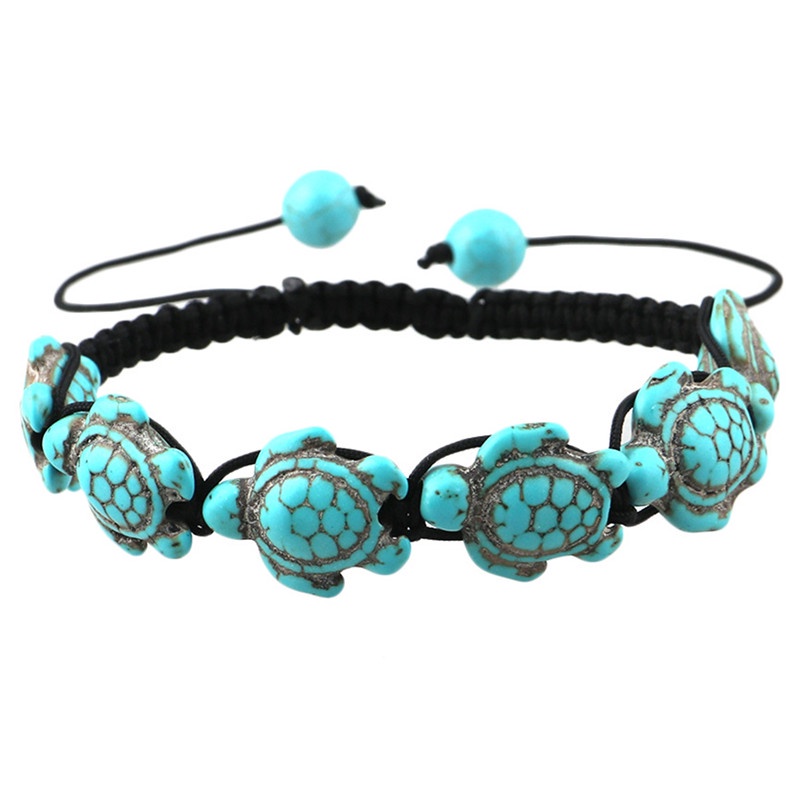 Gelang Tali Kepang Adjustable Desain Kura-Kura Turquoise Gaya Vintage Bohemian