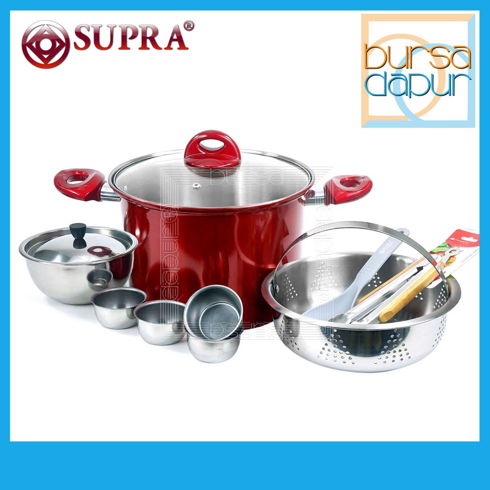 Supra Stainless Steel Cooker Steamer Set 26 cm / Panci Stainless Kukus / Kukusan Set 26 cm (Merah)