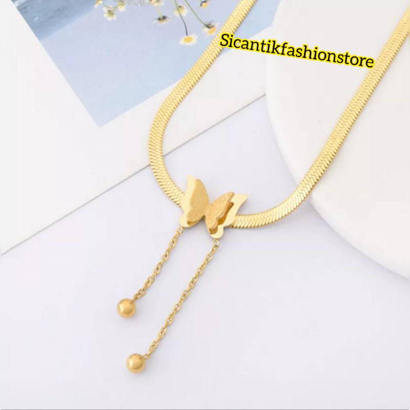 Kalung Titanium Pipih Gold Liontin Kupu-kupu Kalung Rantai Belut Titanium Model Kupu - Kupu Rumbai Tersedia Warna Gold Anti Karat Tidak Luntur Terbaru Terlaris Mewah