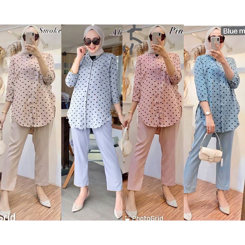 One Set Isla Renata Polkadot Shakila Kield Premium Baju Setelan Wanita Kekinian Set Celana Baggy Pants LD 110 cm