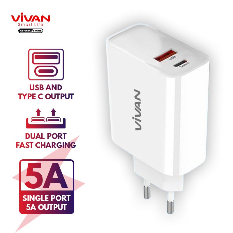 VIVAN Charger Original DT01 Fast USB Charging &amp; Type C 5A Casan Android iPhone Wall Charge 4.0 18W