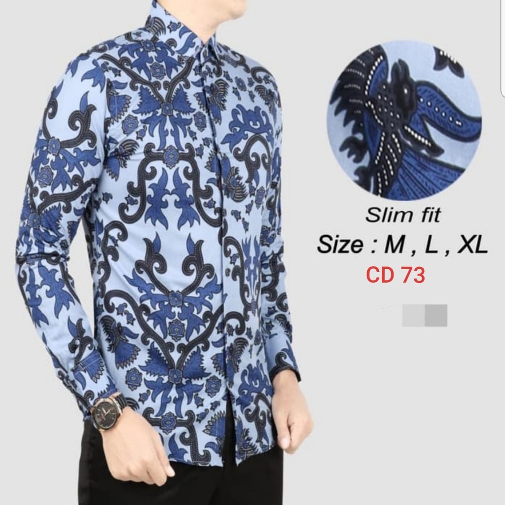 Kemeja Batik Pria Slimfit Baju Batik Pria Lengan Panjang Colin Dion CD73 Biru Hem Kerja Distro