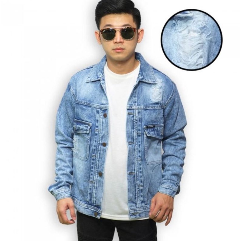 Jaket Denim Trucker Ripped Soft Blue
