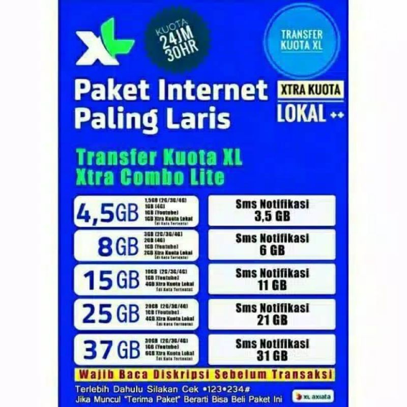 PROMO PAKET PERDANA XL Xtra Combo Lite 2GB(6GB)/4,5(8GB)/8 GB(13GB)/15GB(28GB)