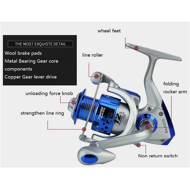 Yumoshi 3000 Series Reel Pancing Fishing Reel 5.5:1 Gear Ratio - SA3000 - Silver Blue