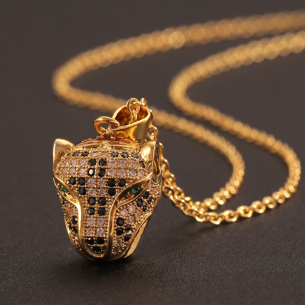 Geometris emas bertatahkan zircon Eropa dan Amerika baru kalung nanas leopard hip hop liontin akseso