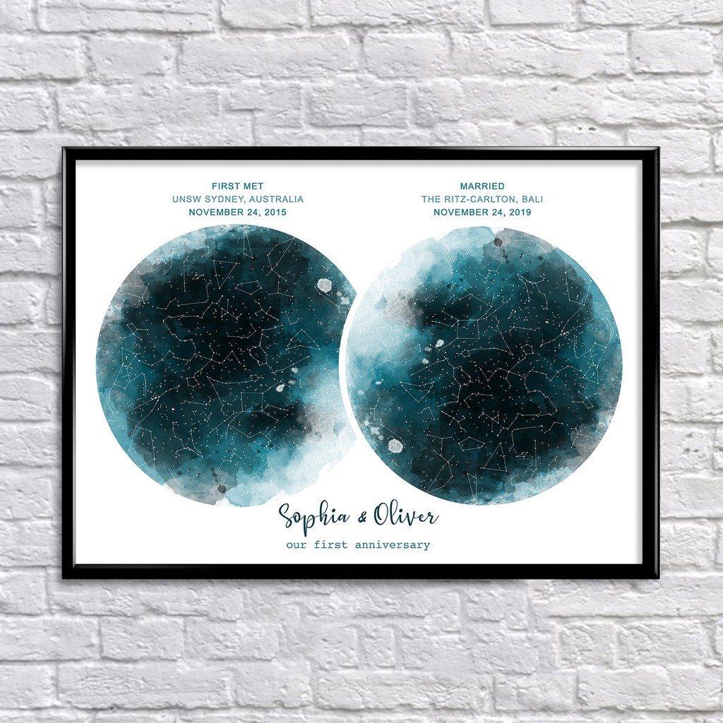 

WATERCOLOR BLUE ON WHITE DOUBLE custom constellation star map personalized framed poster decoration