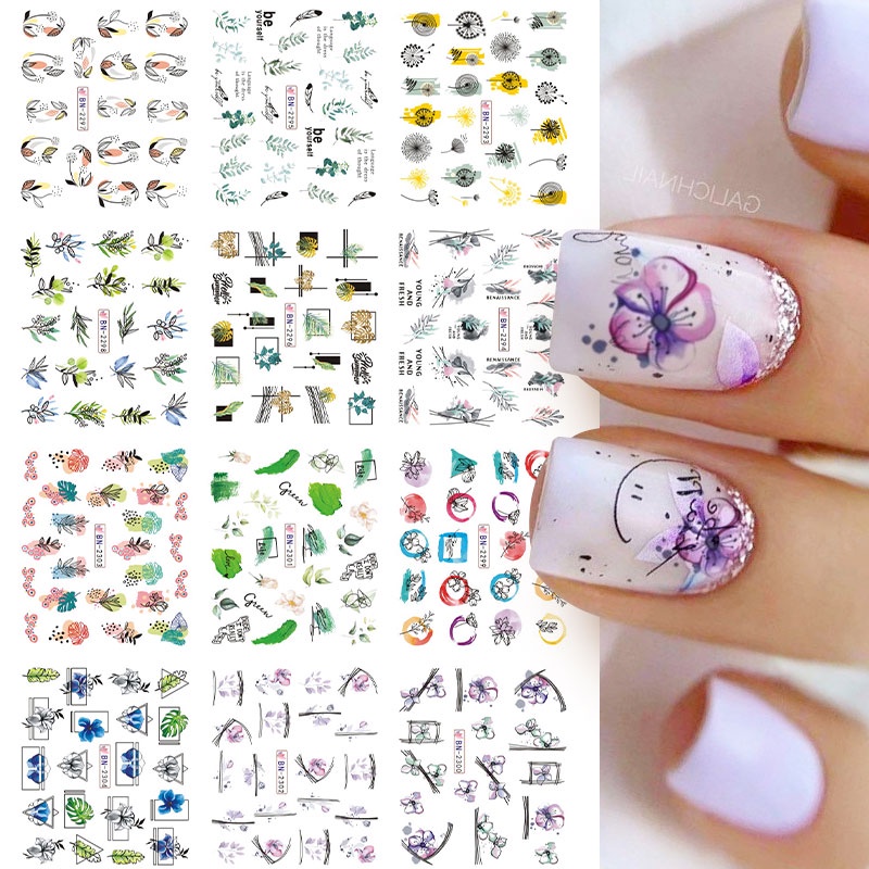 12pcs / Set Stiker Kuku Desain Lavender Floewrs Gelombang Untuk Dekorasi Nail Art DIY