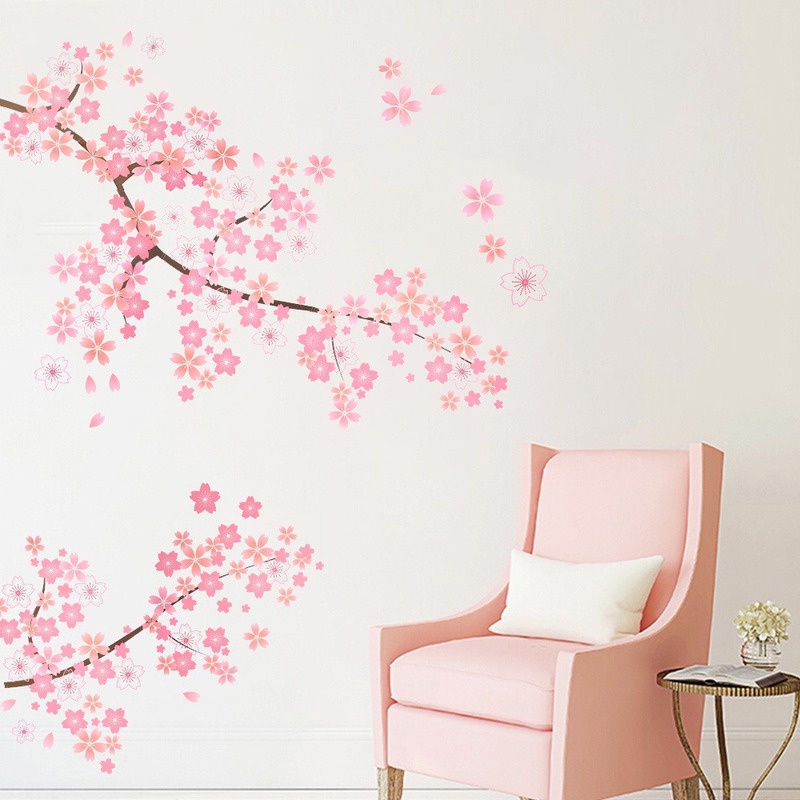 2 Pcs Stiker Dinding Motif Cabang Bunga Plum Warna Pink Untuk Latar Belakang Sofa Kamar Tidur