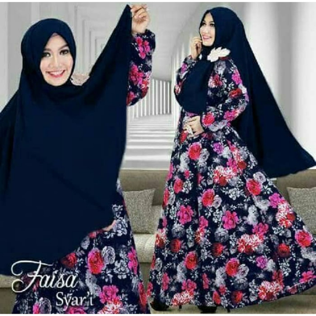 gamis faiya syari navy premium motif asli