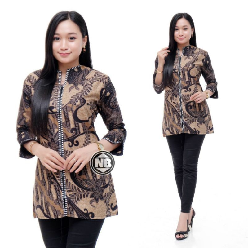 [ TERBARU ] ATASAN BATIK WANITA KERJA KANTOR ORI SHABIRAH BATIKSOLO BLOUSE BLUSEBATIK BATIKMODERN XL-Zipper atlas coklat