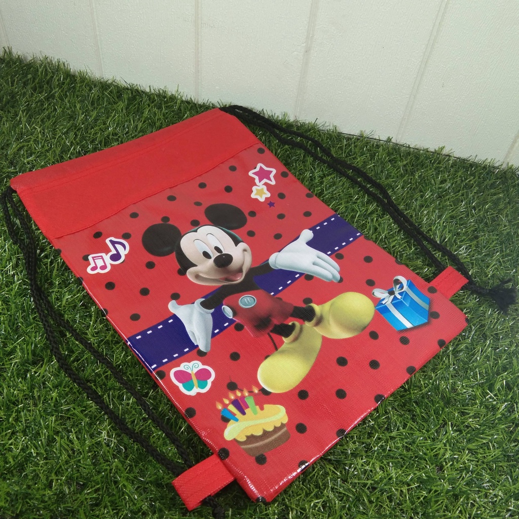 Tas Ultah Anak Mickey Serut Backpack Ready Stock Tebal Murah Merah Tali Hitam