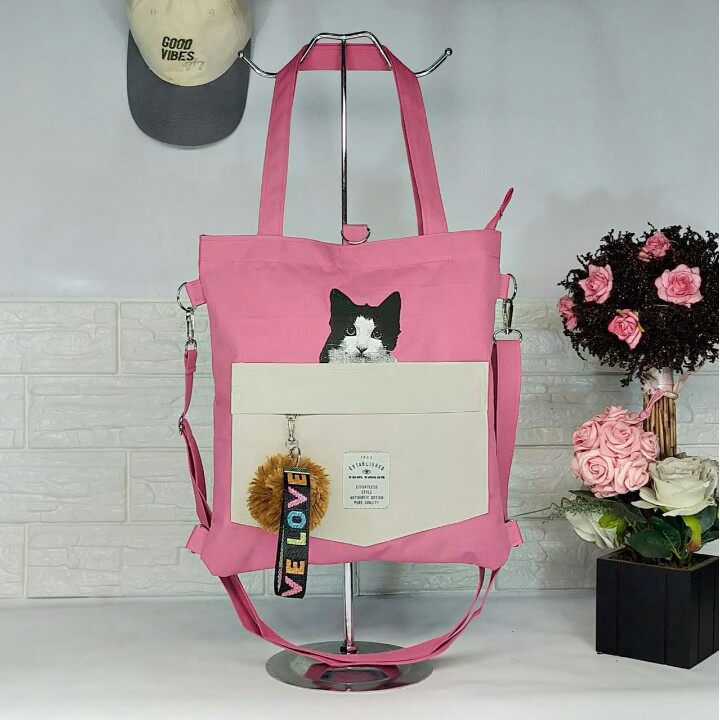 TOTEBAG KUCING RANSEL WANITA RESLETING / TOTE BAG LUCU, RANSEL/SLEMPANG,BISA CUSTOM SABLON TB 002 C