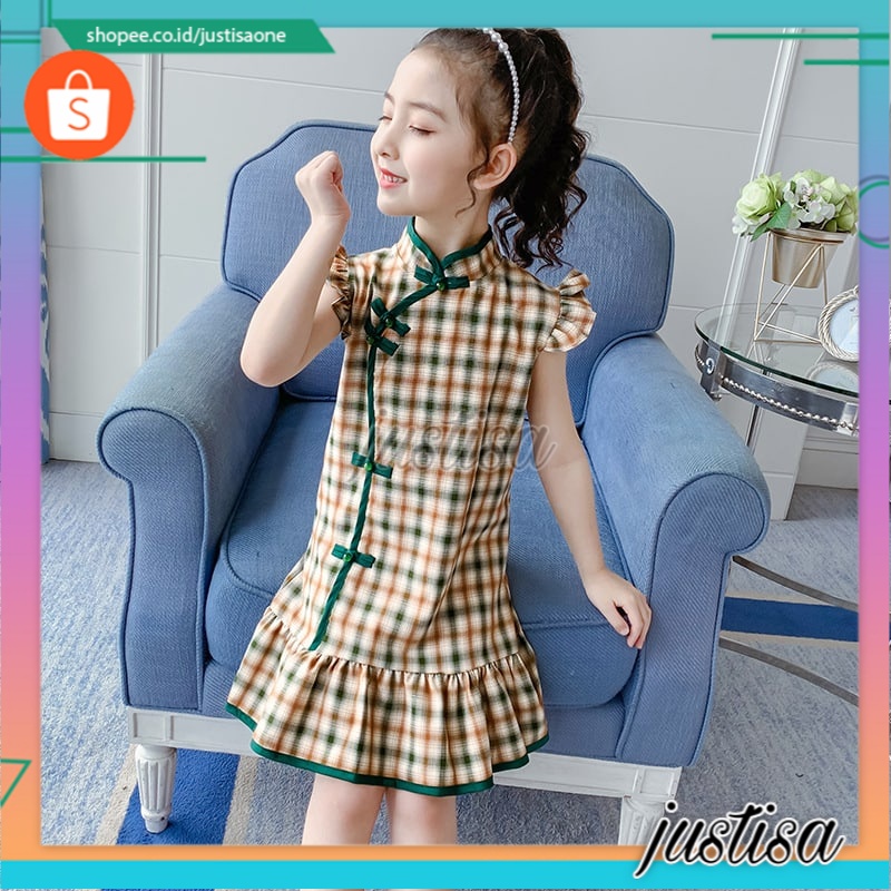 Promo !! Dress anak cewek - dress five cheongsam line import ukuran 6-10tahun (WARNA : hijau)