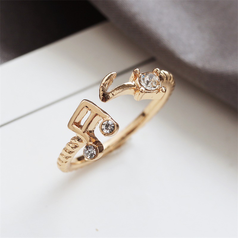 Cincin Model Terbuka Adjustable Desain Not Musik Aksen Berlian Imitasi Gaya Korea Untuk Wanita