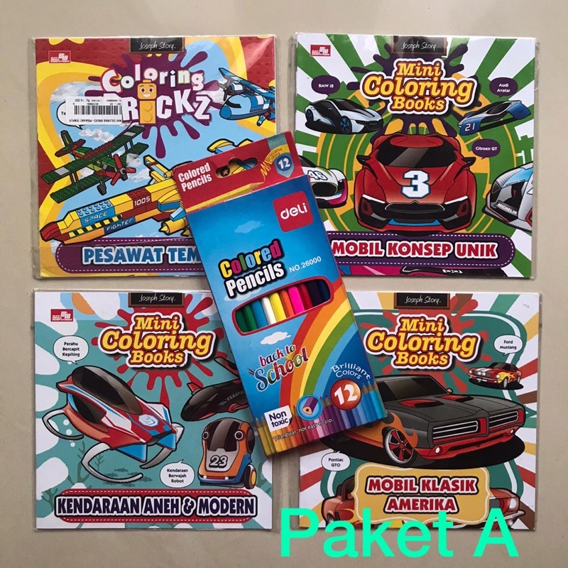 

Paket murah 4 buku mewarnai + pensil warna Deli 12 warna