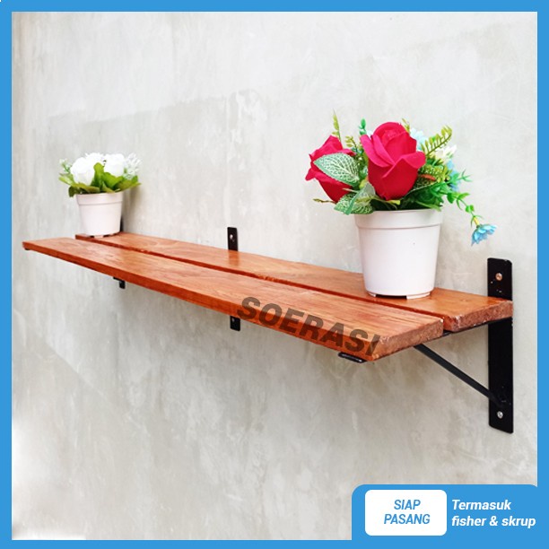 Jual Rak Dinding 1M Minimalis Tempel Vintage Ambalan Kayu Rak Buku Bunga - Natural, Panjang 80Cm