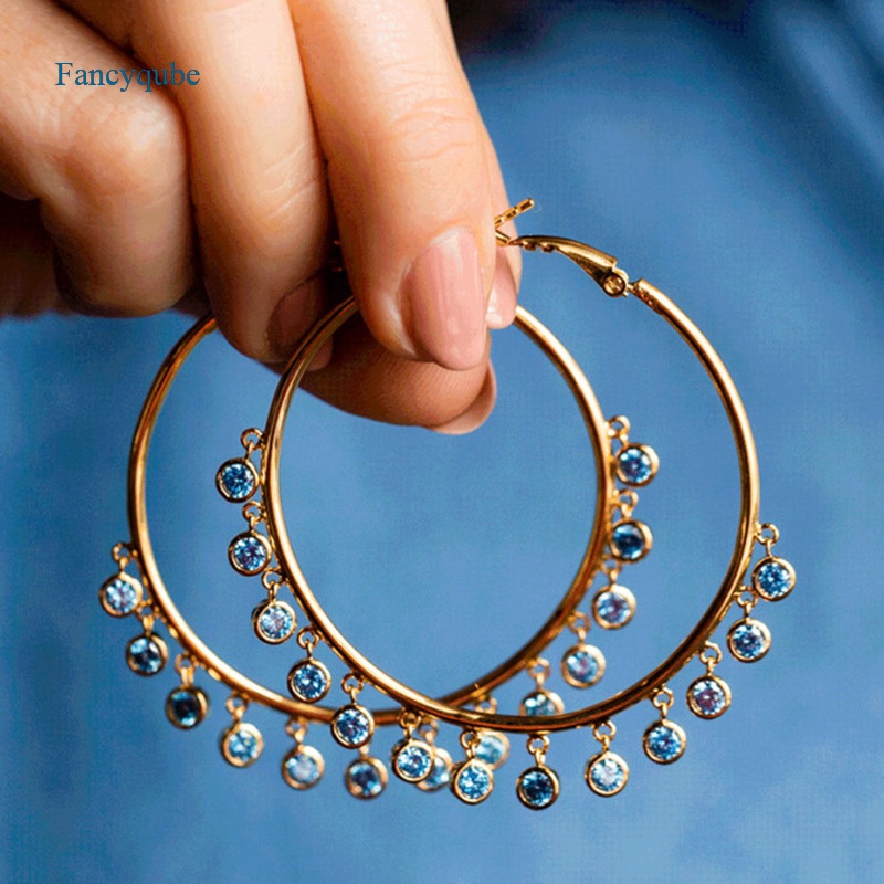 Fancyqube Anting Hoop Rumbai Lingkaran Besar Warna Emas Untuk Wanita