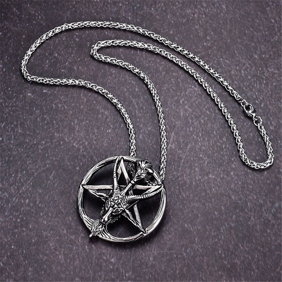 Metal Satan Devil Skull Sheep Head Inverted Five-Pointed Star Pendant Fashion Retro Domineering Necklace for Men's Punk Jewelry