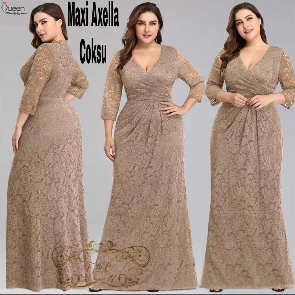 Dress Maxi Axella Jumbo/ Dress Brukat Wanita Jumbo Size  Fit To XXL/ Pakaian Wanita Ukuran Besar