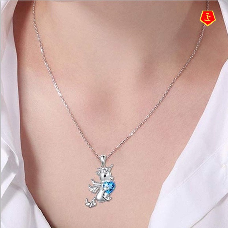 [Ready Stock]Unicorn Two-Tone Pendant Necklace Women European And American Fashion Diamond