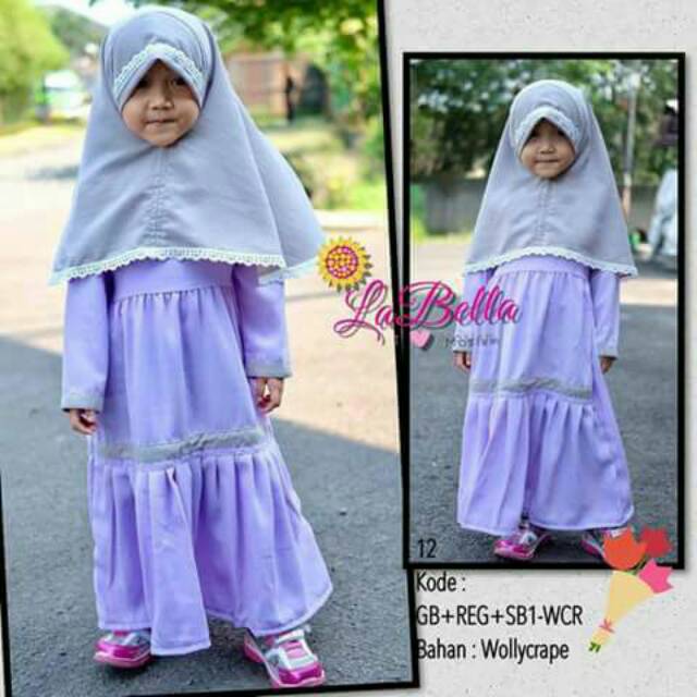 Labella Gamis Anak Perempuan Warna Ungu Polos Baju Gamis Bayi Kerudung Anak Polos Renda
