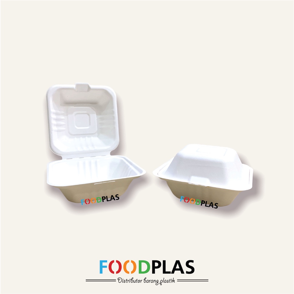 Bagasse Burger Box 6 Inch (25 Pcs) - Lunch Box / Kotak Makan / Korean Bento Cake Box / Kue Tart Mini