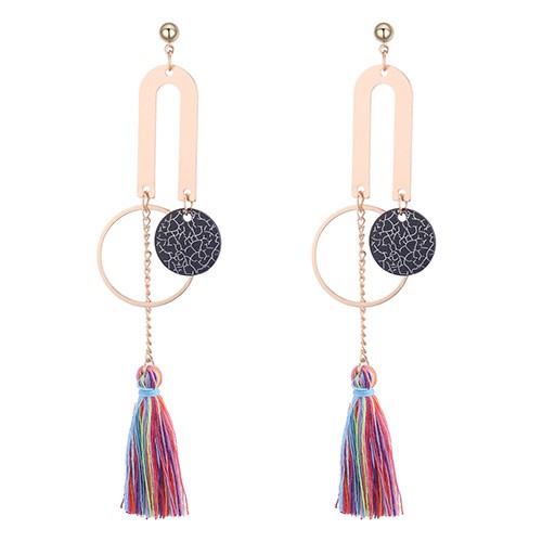 LRC Anting Tusuk Personality Round Shape Decorated Long Tassel Earrings