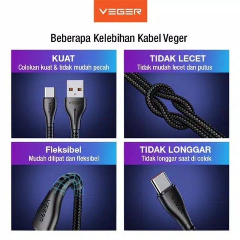 Kabel data Micro usb QC3.0 fast charging 3A  Kuat dan Flexible (VEGER Micro)