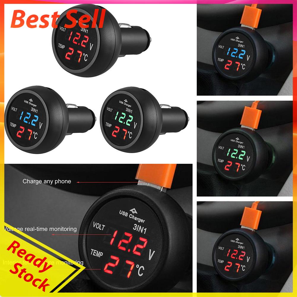 3 in 1 Voltmeter Digital LED 12 / 24V + Termometer + Charger USB