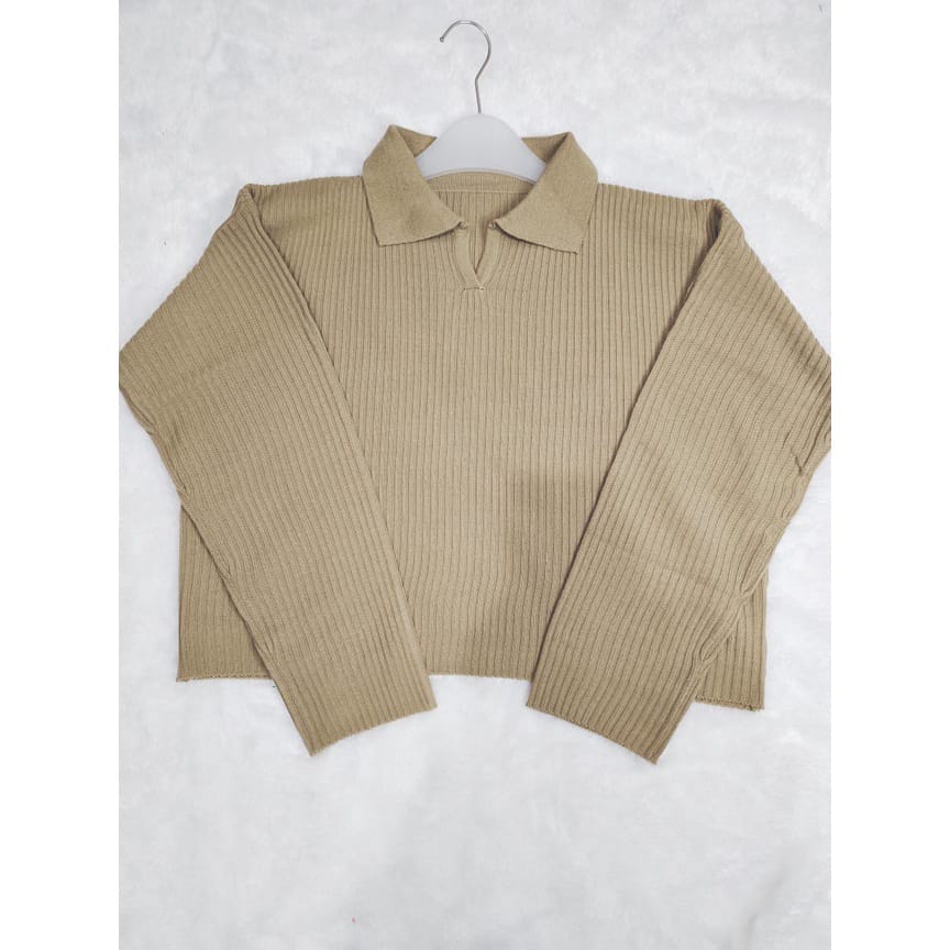 Knit crop rajut sweater blouse kerah polo shirt wanita